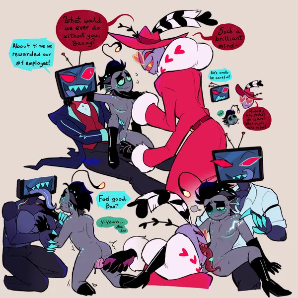 baxter (hazbin hotel), valentino (hazbin hotel), vox (hazbin hotel) (hazbin hotel, hellaverse) created by nebulabunny