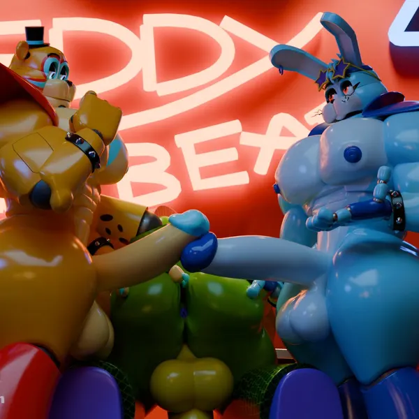 glamrock bonnie (fnaf), glamrock freddy, montgomery gator (five nights at freddy's, five nights at freddy's: security breach) created by codans