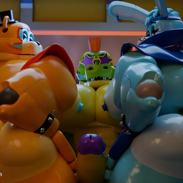 glamrock bonnie (fnaf), glamrock freddy, montgomery gator (five nights at freddy's, five nights at freddy's: security breach) created by codans