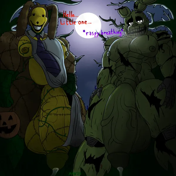 lorenzo waterman (the walten files), pumpkin rabbit, springtrap (fnaf) (five nights at freddy's, five nights at freddy's 3) created by m4n