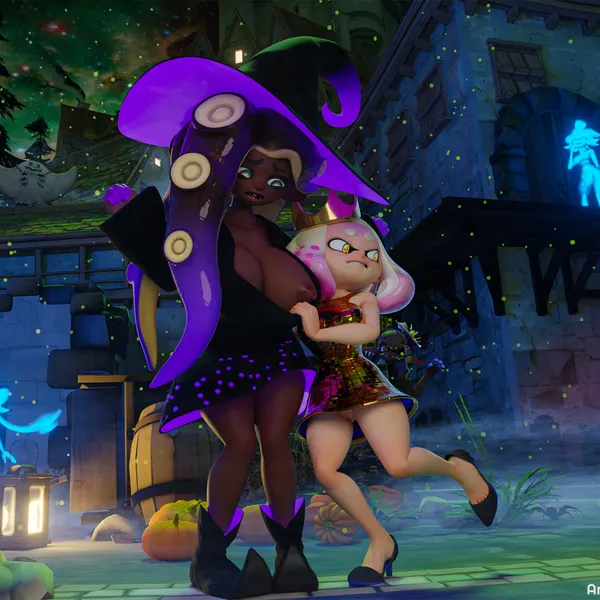 marina (splatoon), pearl (splatoon) (halloween, nintendo) created by antidotetrl