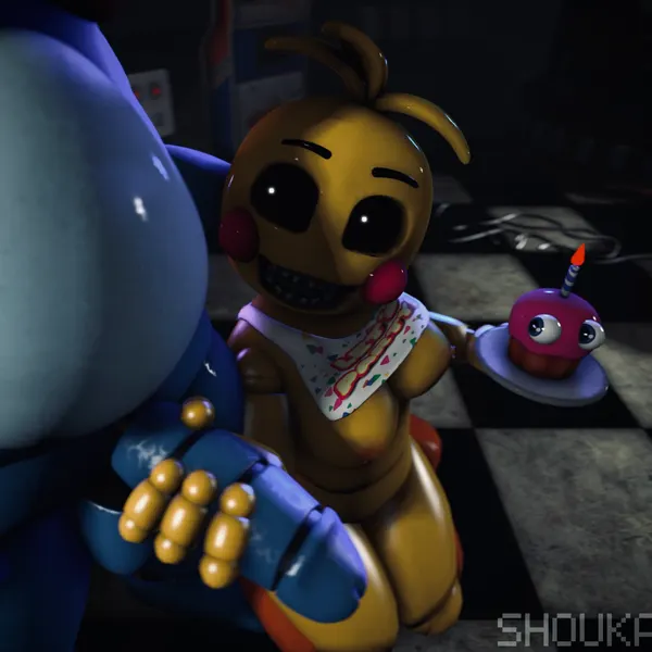 cupcake (fnaf), toy bonnie (fnaf), toy chica (fnaf) (five nights at freddy's, five nights at freddy's 2) created by shoukaart