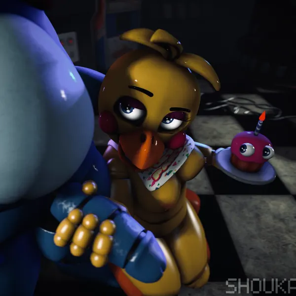 cupcake (fnaf), toy bonnie (fnaf), toy chica (fnaf) (five nights at freddy's, five nights at freddy's 2) created by shoukaart