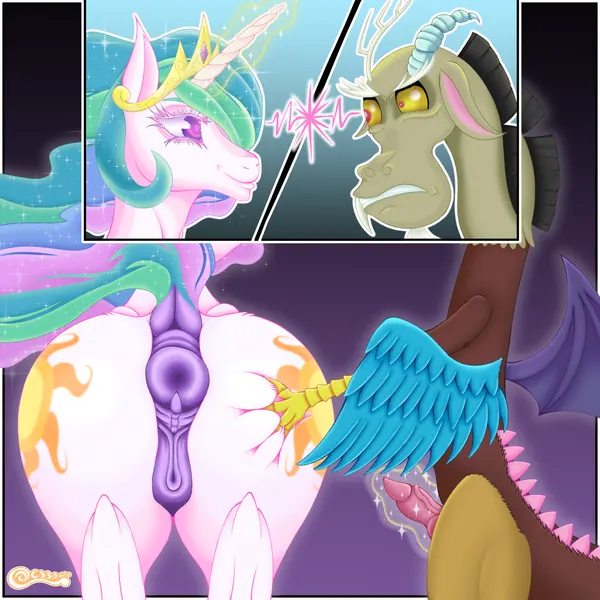 discord (mlp), princess celestia (mlp) (friendship is magic, hasbro) created by c33purr