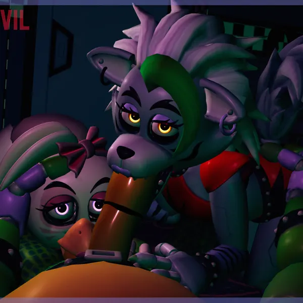 glamrock chica, montgomery gator, roxanne wolf (five nights at freddy's, five nights at freddy's: security breach) created by mayvil