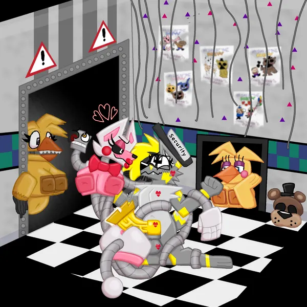 mangle (broken), mangle (fnaf), toy chica (fnaf) (five nights at freddy's, five nights at freddy's 2) created by zoyeensadart