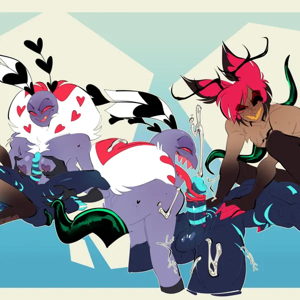 alastor (hazbin hotel), valentino (hazbin hotel), vox (hazbin hotel) (hazbin hotel, hellaverse) created by bileshroom
