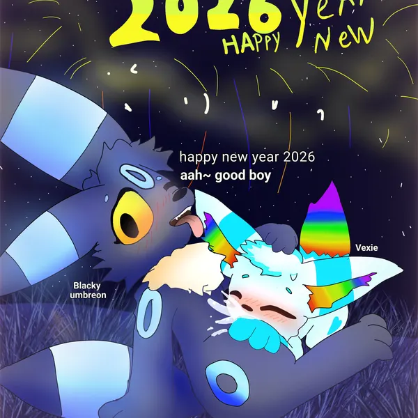 blackyumbreon (character), xevie eevewhite (character) (new year, new year 2026) created by xevie eevee (artist)