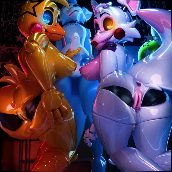 fan character, mangle (fnaf), toy chica (fnaf) (five nights at freddy's, five nights at freddy's 2) created by jizzyfox