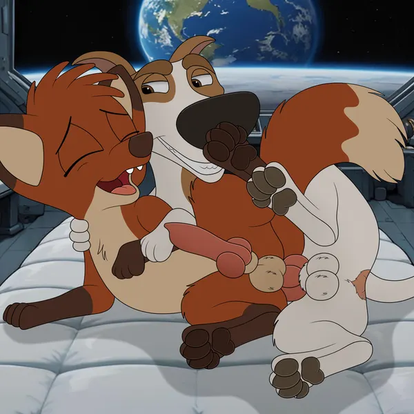 rita (jungledyret), strelka (jungledyret hugo, space dogs) created by ai assisted, ai generated background