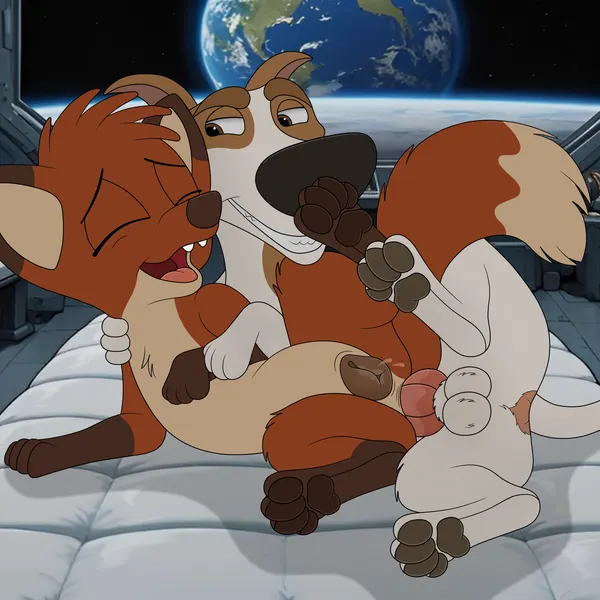 rita (jungledyret), strelka (jungledyret hugo, space dogs) created by ai assisted, ai generated background