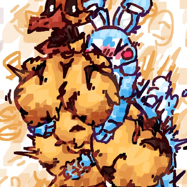 toy bonnie (fnaf), withered chica (fnaf) (five nights at freddy's, five nights at freddy's 2) created by scaliescum