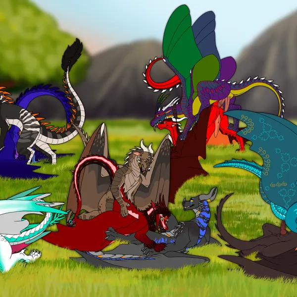 alveena (dragonsmind), azureflame (crimsonfire17), fang (fang mintderg) (mythology, wings of fire) created by degener4te hunter