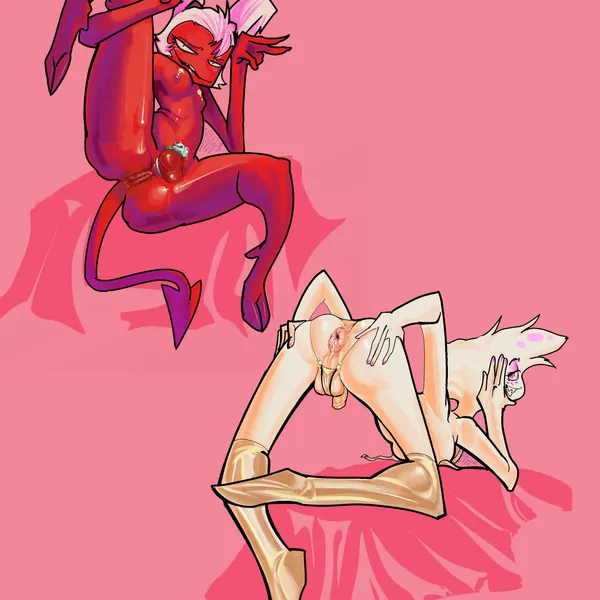 angel dust, moxxie (helluva boss) (hazbin hotel, hellaverse) created by bbgg (artist)