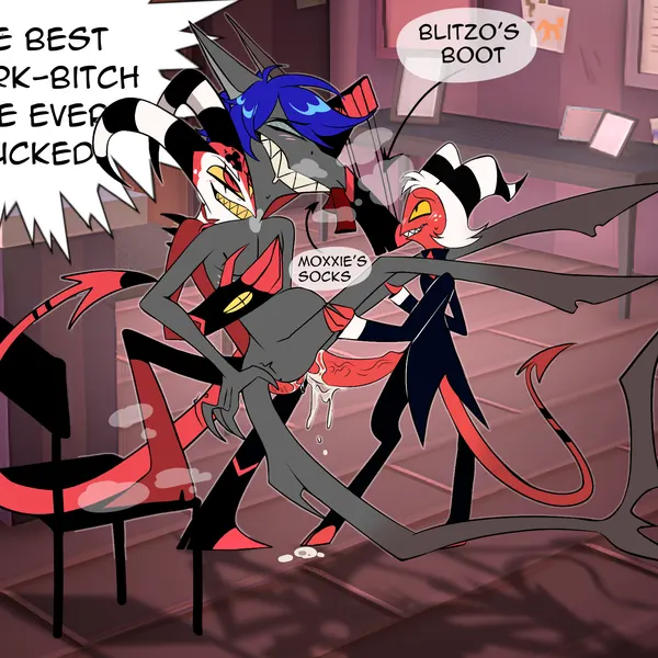 blitzo (helluva boss), moxxie (helluva boss), steel-the-shark (character) (hellaverse, helluva boss) created by raiven