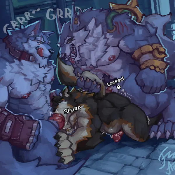 freddy (dislyte), spike (theworgen), warwick (lol) (blizzard entertainment, dislyte) created by faurenzzart