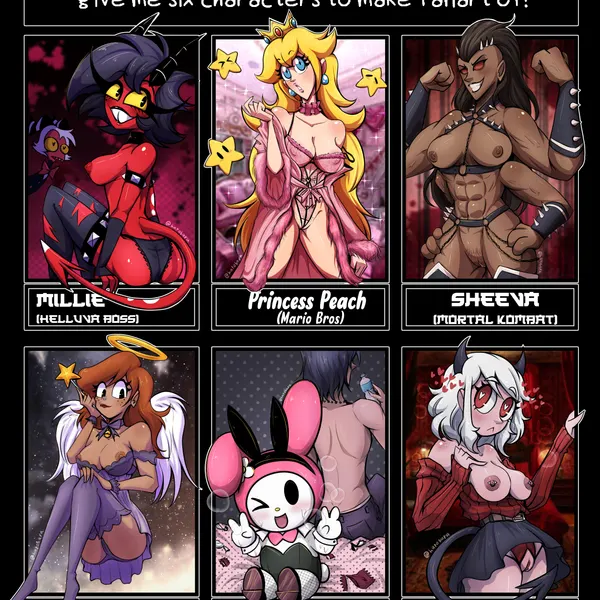 millie (helluva boss), modeus (helltaker), my melody (hellaverse, helltaker) created by hatobara