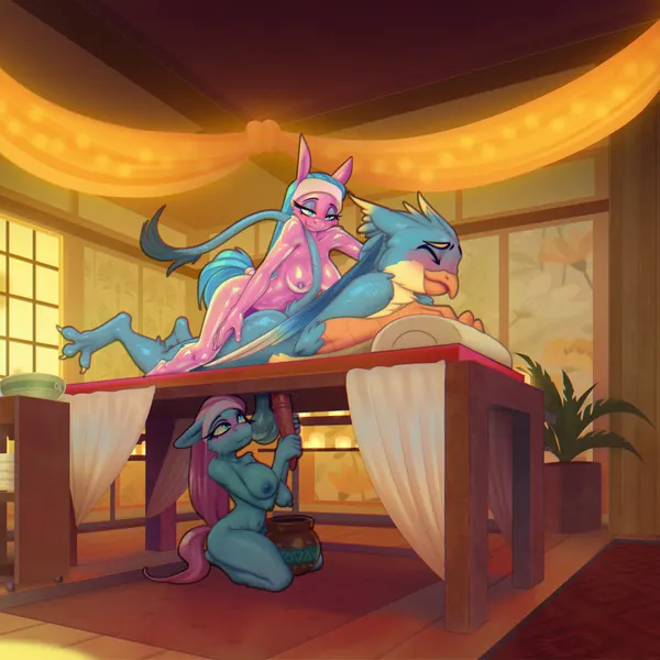 aloe (mlp), gallus (mlp), lotus (mlp) (friendship is magic, hasbro) created by sugarlesspaints