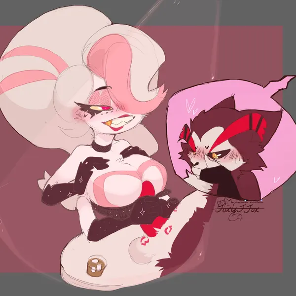 angel dust, husk (hazbin hotel), scotch (hazbin hotel, hellaverse) created by foxyffox, foxylovescoke