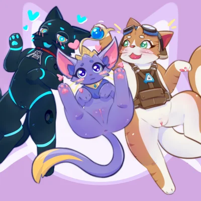 808 (hi-fi rush), fika (overwatch), yuumi (lol) (hi-fi rush, league of legends) created by ninebuttom