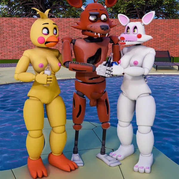 foxy (fnaf), mangle (fnaf), toy chica (fnaf) (five nights at freddy's, five nights at freddy's 2) created by binocszoomx10
