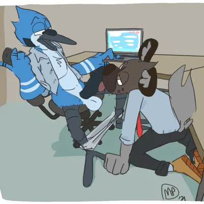haida (aggretsuko), mordecai (regular show) (aggretsuko, cartoon network) created by maxpany