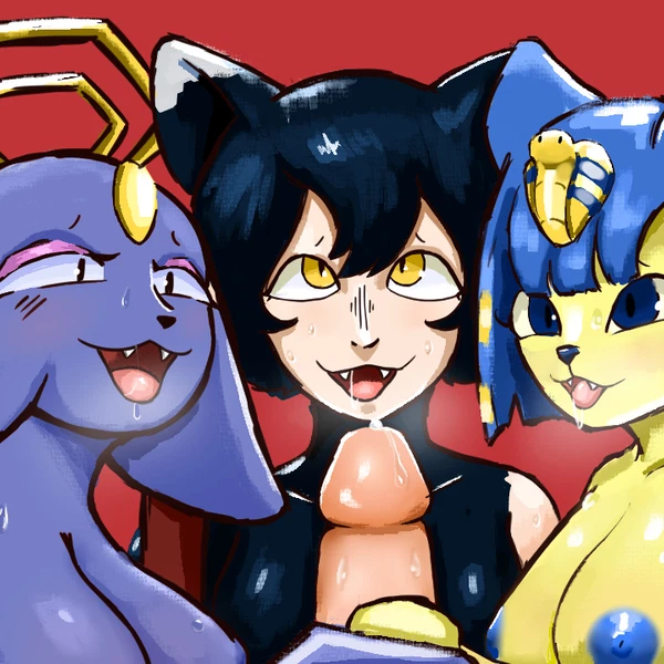 ankha (animal crossing), goumang (nine sols), izutsumi (delicious in dungeon) (animal crossing, delicious in dungeon) created by holemann