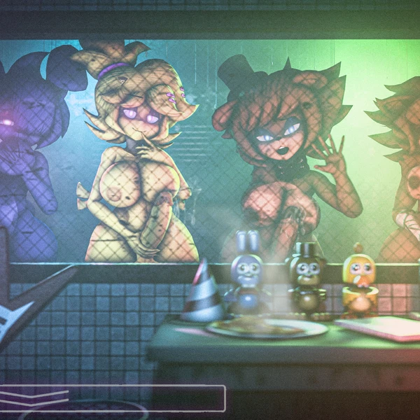 bonfie (cryptiacurves), bonnie (fnaf), chica (fnaf) (five nights at freddy's, five nights at freddy's 3) created by simon sklar