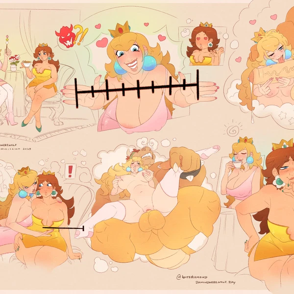 bowser, princess daisy, princess peach (mario bros, nintendo) created by diamondwerewolf