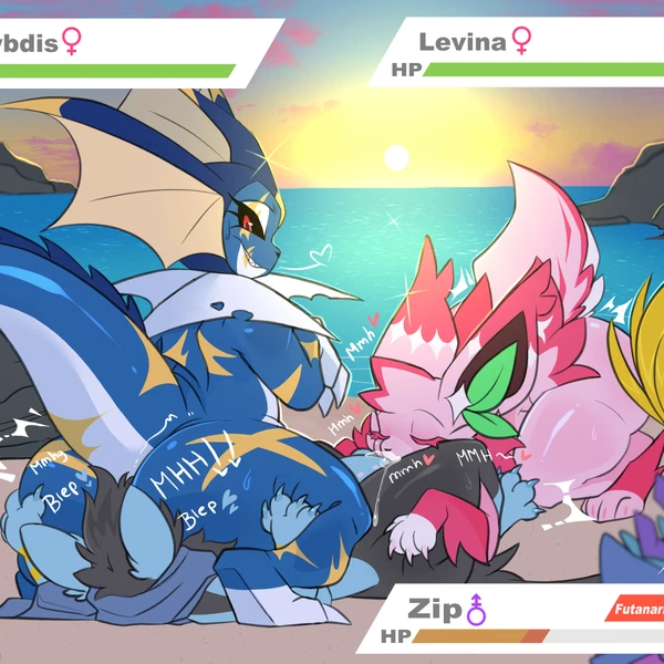 charybdis (royalchomper), levina (royalchomper), zip (luxio) (nintendo, pokemon) created by slizzter